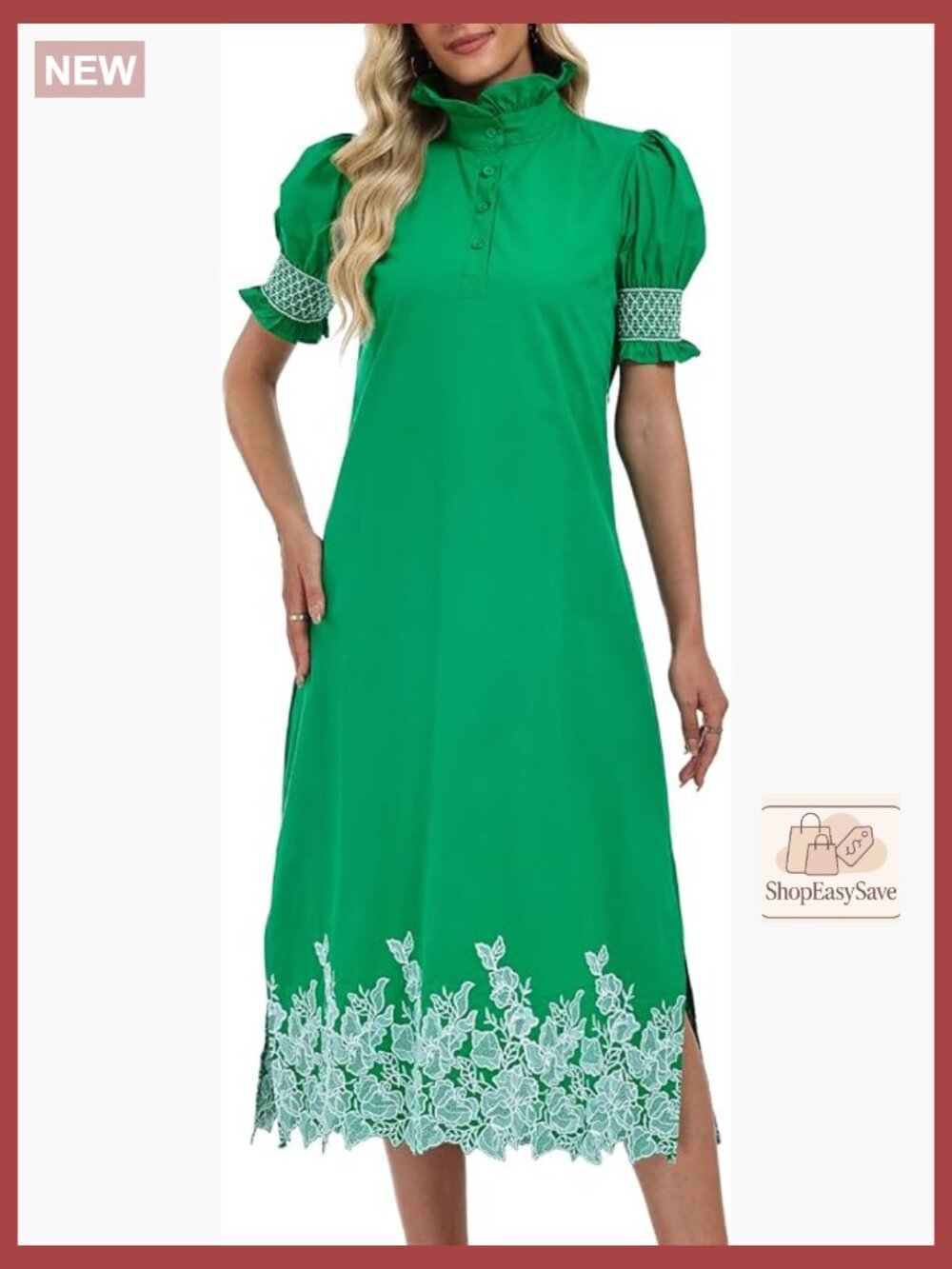 Floral Embroidery Maxi Dress Puff Sleeve Button Front Shift Summer Chic